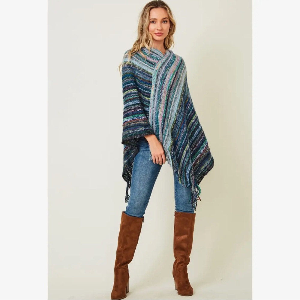 Striped Multicolor Knit Poncho - Blue, Teal